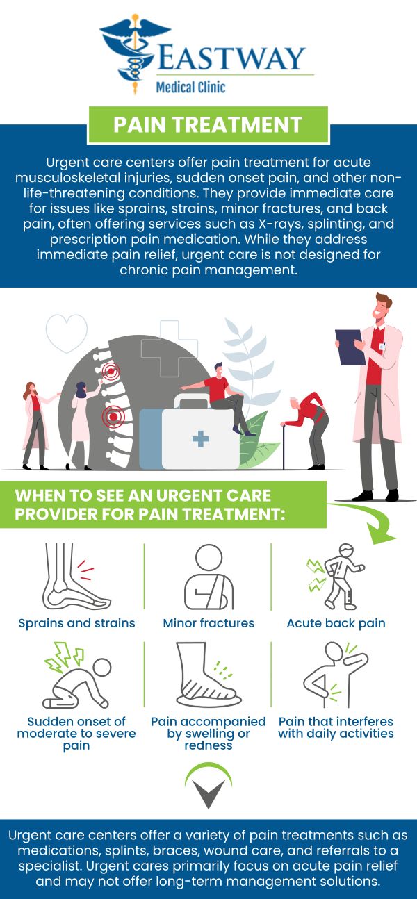 Going to urgent care for pain is an excellent approach to receiving prompt treatment. Dr. Sylvia Okoye, MD, and Dr. Joseph Okoye, MD, of Eastway Medical Clinic, will assist you with pain management. Certain injuries necessitate immediate attention for pain. It is important to understand which injuries are best handled in an urgent care facility. The following list includes the most frequent types of injuries that should be addressed in an urgent care center. We are conveniently located at 1220 Eastway Drive, Charlotte, NC 28205. For more information, please contact us or book an appointment online. Going to urgent care for pain is an excellent approach to receiving prompt treatment. Dr. Sylvia Okoye, MD, and Dr. Joseph Okoye, MD, of Eastway Medical Clinic, will assist you with pain management. Certain injuries necessitate immediate attention for pain. It is important to understand which injuries are best handled in an urgent care facility. The following list includes the most frequent types of injuries that should be addressed in an urgent care center. We are conveniently located at 1220 Eastway Drive, Charlotte, NC 28205. For more information, please contact us or book an appointment online.
